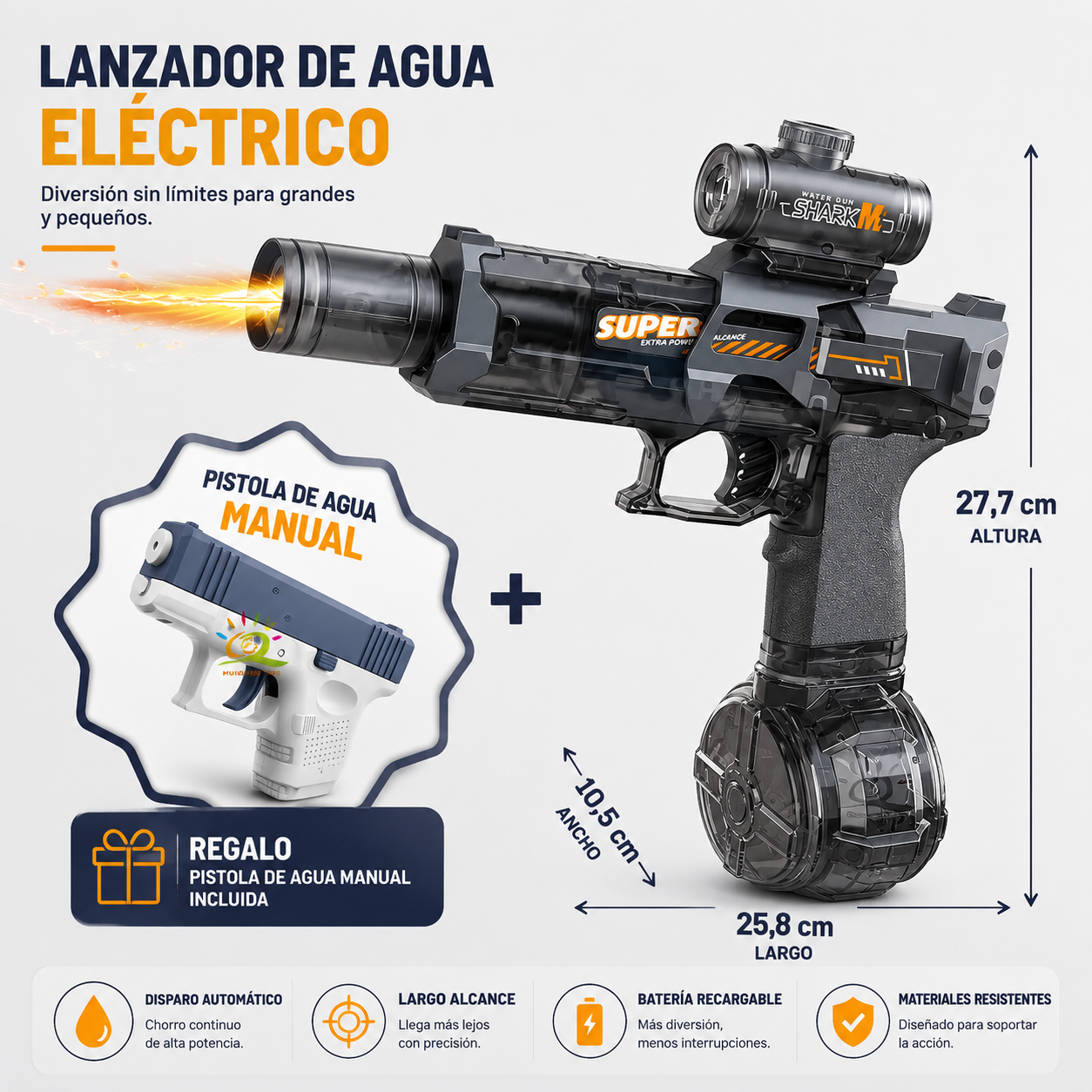 AquaBattleX™ Pistola de Agua Eléctrica Recargable con Luces LED | HydroJet Alta Presión para Niños y Adultos