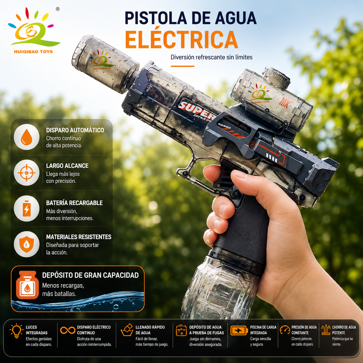 AquaBattleX™ Pistola de Agua Eléctrica Recargable con Luces LED | HydroJet Alta Presión para Niños y Adultos
